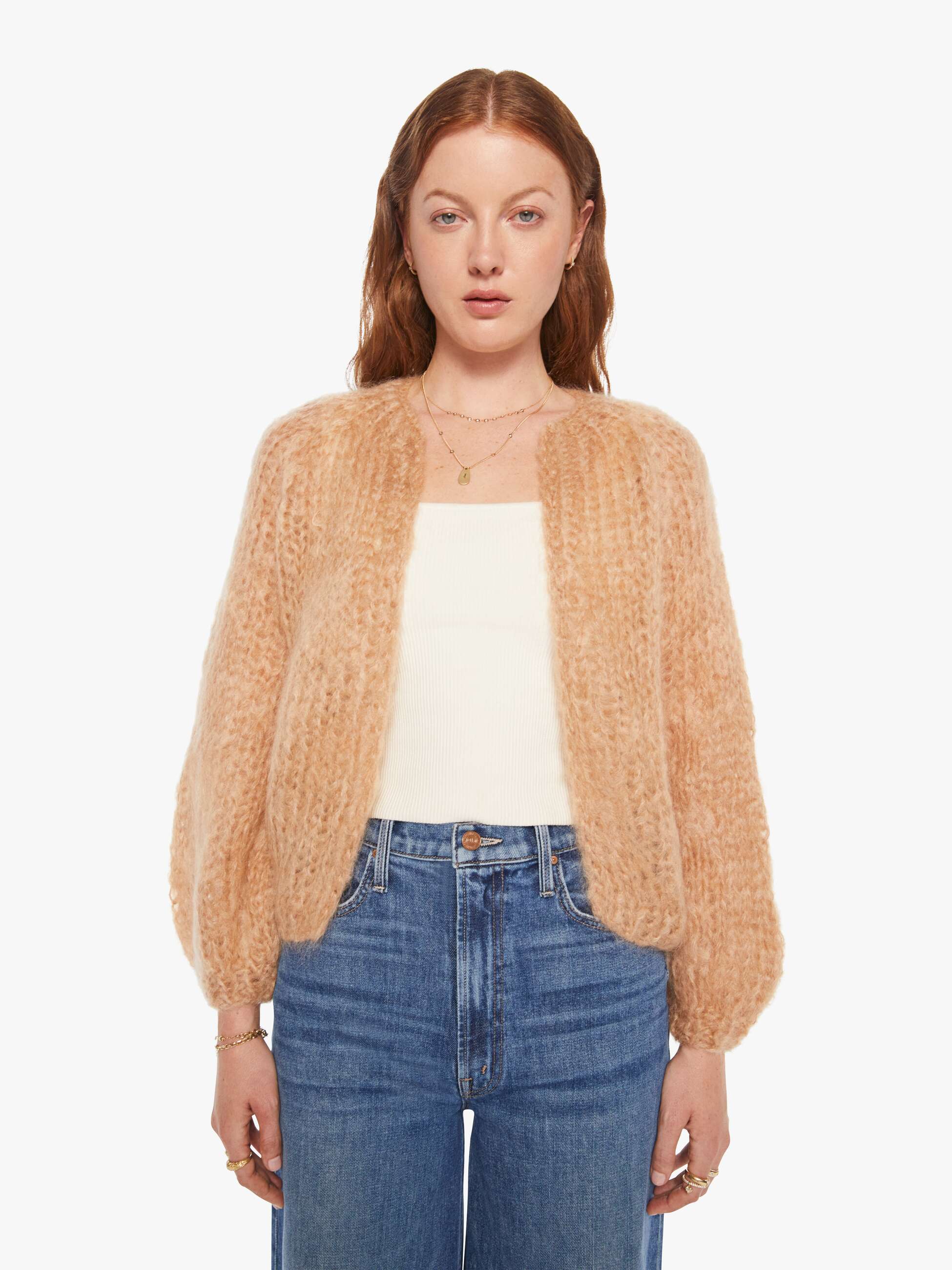 Maiami Mohair Puffy Sleeve Small Cardigan - Camel - Image 2