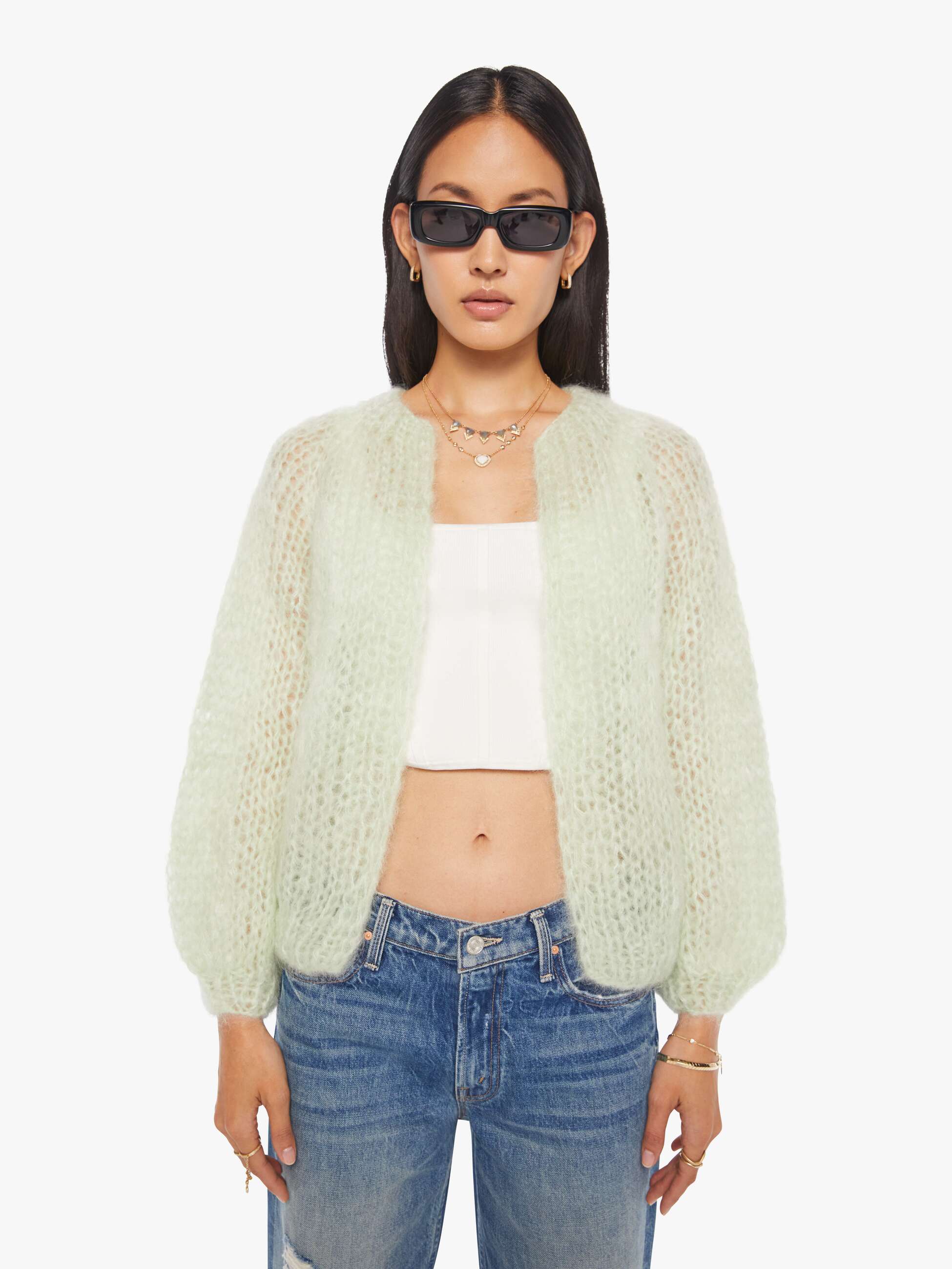 Maiami Mohair Puffy Sleeve Small Cardigan - Water Green - Image 2