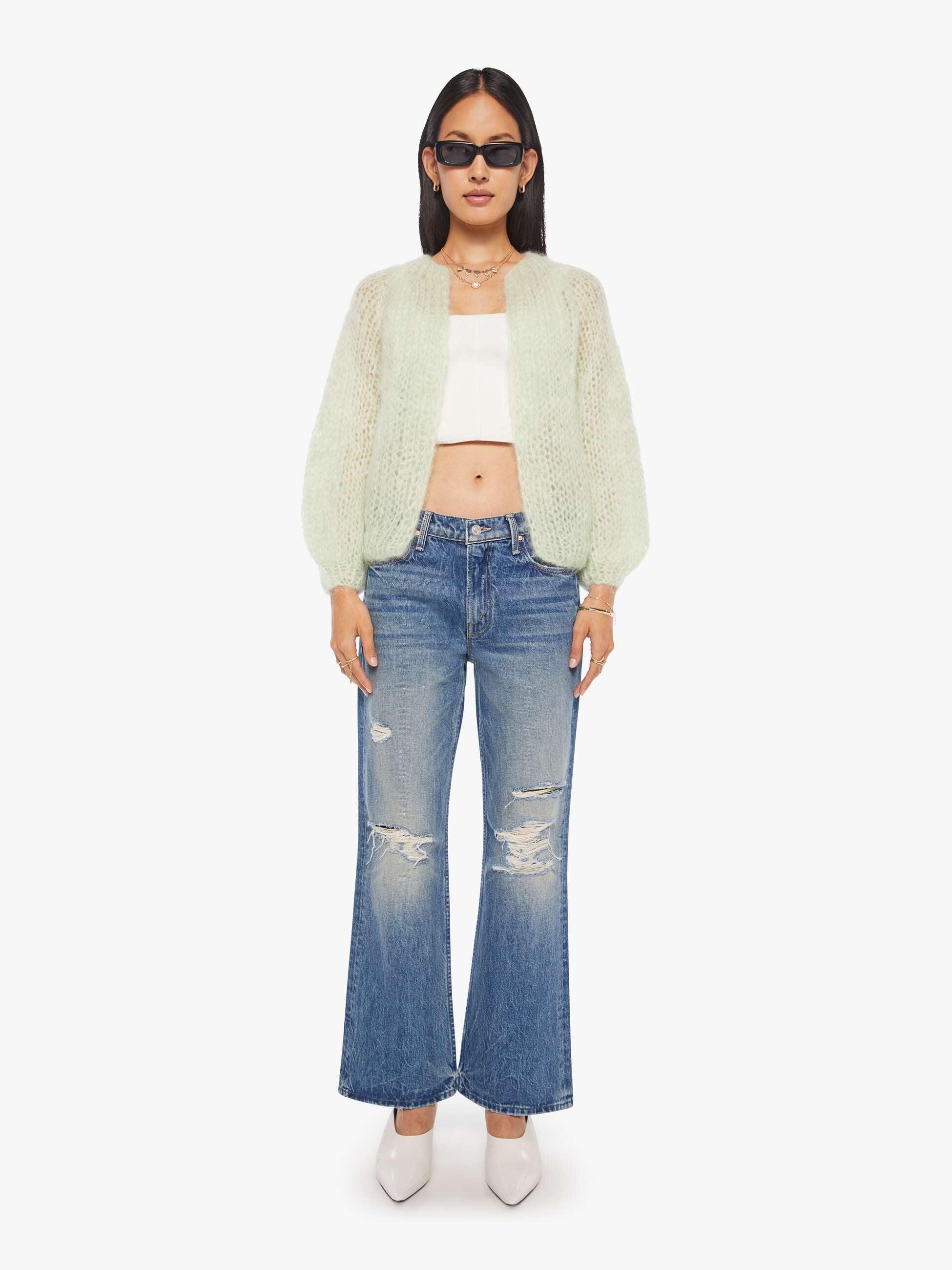 Maiami Mohair Puffy Sleeve Small Cardigan - Water Green - Image 5