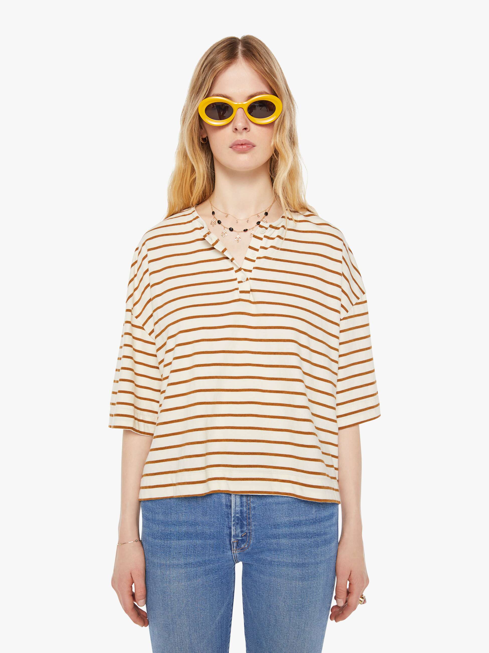 SPRWMN Henley Top - Camel Stripe